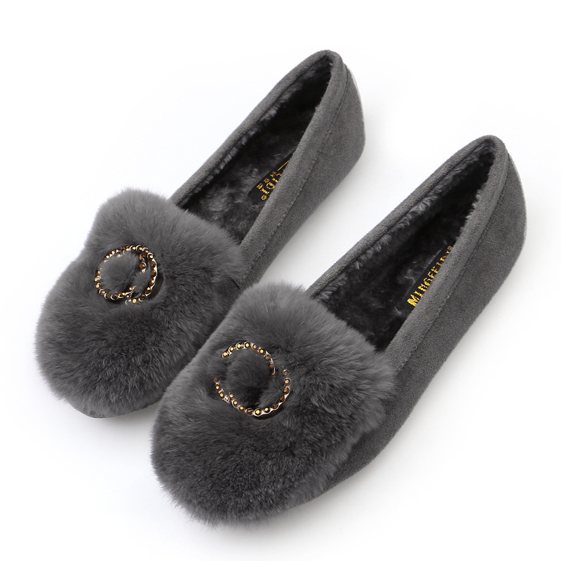 Zapatos de felpa de mujer 2023 Otoño e Invierno Nuevo estilo coreano versátiles zapatos de piel de conejo real zapatos planos forrados de lana zapatos de guisantes de diamantes de imitación image 9