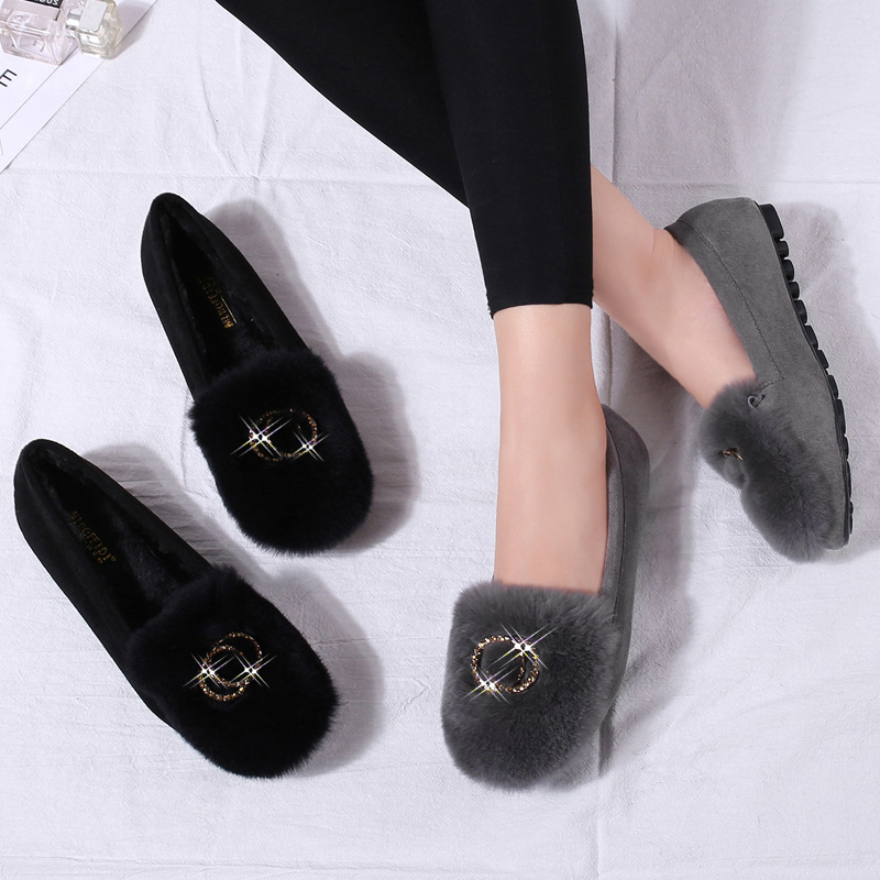 Zapatos de felpa de mujer 2023 Otoño e Invierno Nuevo estilo coreano versátiles zapatos de piel de conejo real zapatos planos forrados de lana zapatos de guisantes de diamantes de imitación image 5