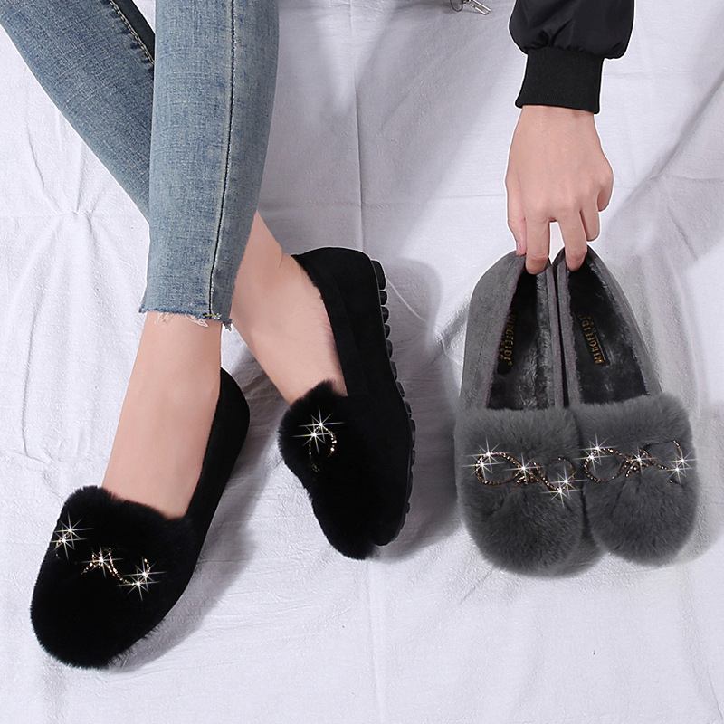 Zapatos de felpa de las mujeres 2023 otoño nueva boca baja Rex conejo piel dulce guisantes zapatos más tamaño zapatos de mujer 40-43 todo-juego