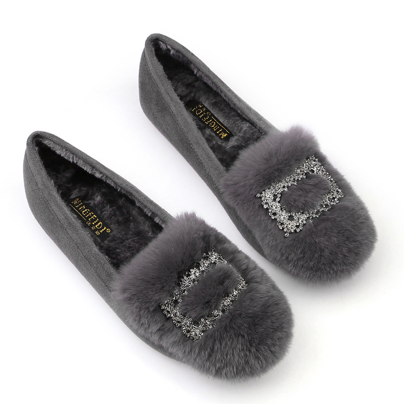 Zapatos de felpa para mujer 2023 Otoño e Invierno Nuevo estilo coreano versátil zapatos de piel de conejo real forrados de lana TOS zapatos acolchados de algodón social para mujer bombas