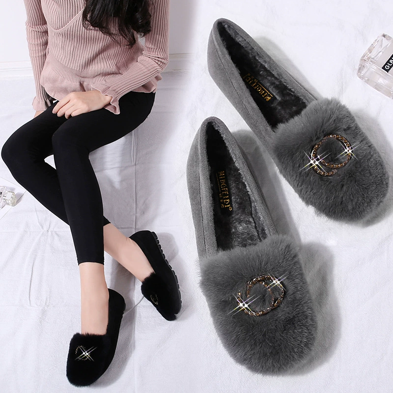 Обувь Mao для женщин 2023 осень-зима Новая Корейская версия универсальной обуви из натурального кролика Туфли на плоской подошве на флисовой подкладке со стразами Bean