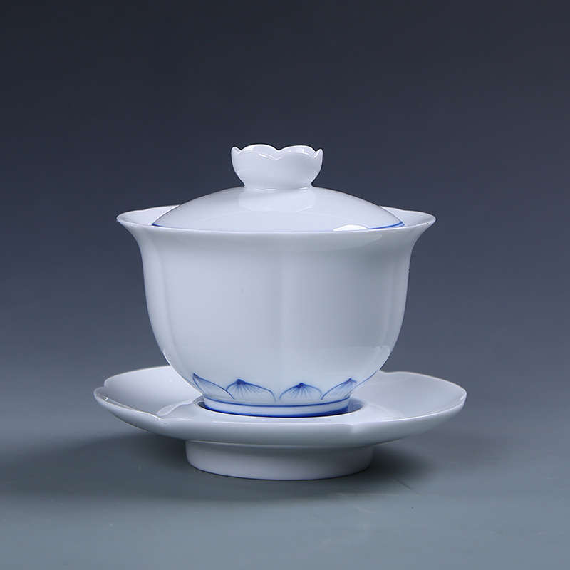 德化陶瓷手绘复古白瓷中式功夫茶具泡茶杯敬茶碗三才盖碗大号茶备