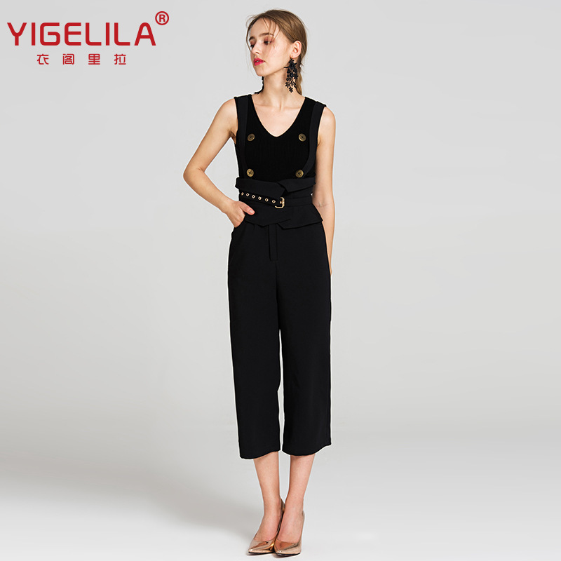 YIGELILA Summer New Pants Fashion Overalls Lace-up Waist Black Casual Pants 5477
