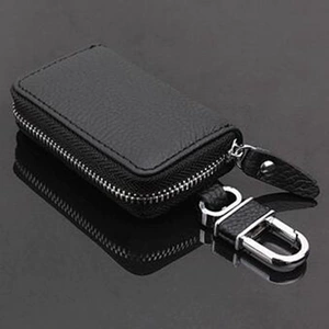 Car Litchi Pattern Head Layer Cowhide Key Case Car Zipper Remote Key Case Key Protective Case Pure Black