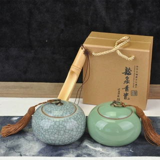 陶瓷茶叶罐批发龙泉青瓷哥窑密封盖茶罐醒茶礼品普洱茶密封茶饼