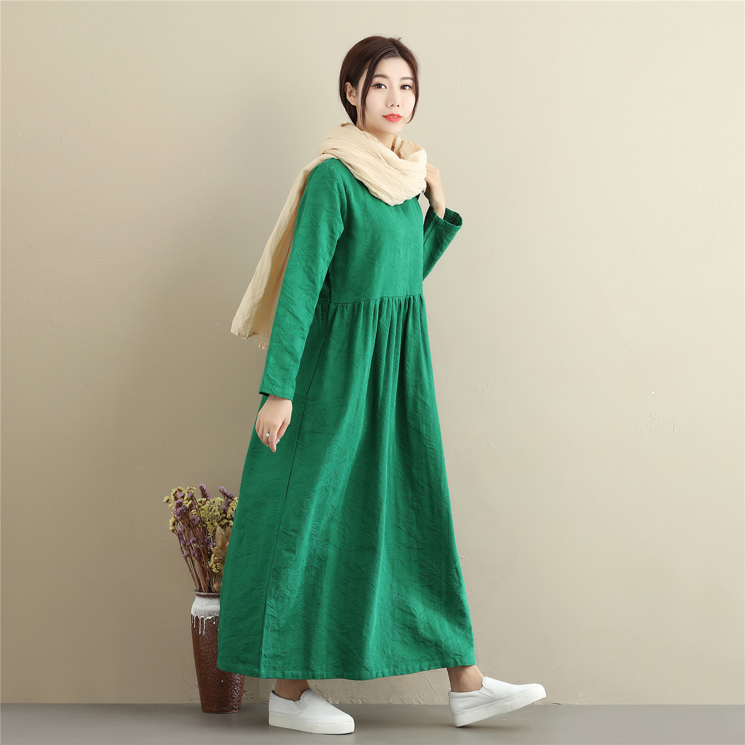 麻凡布衣24秋冬新品 提花棉韩版连衣裙休闲民族风长裙中国风棉麻