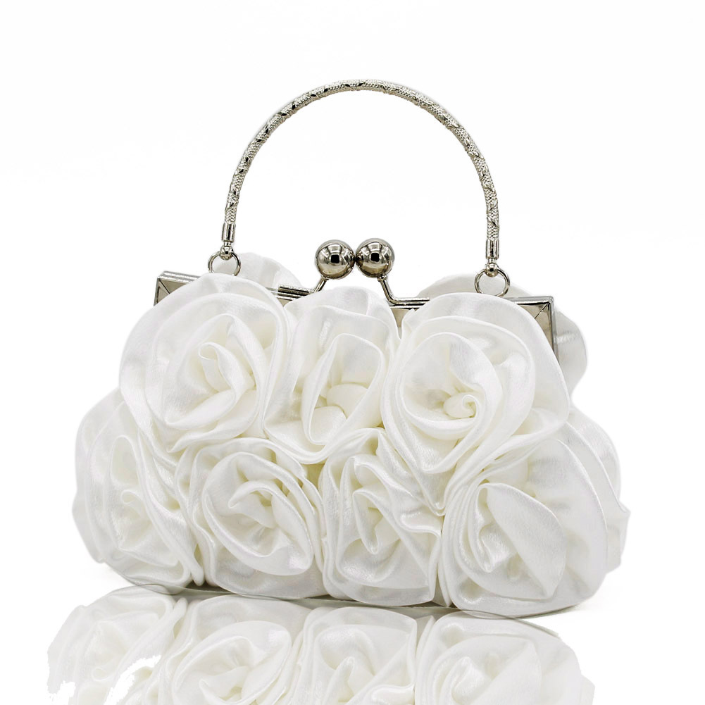 Túi clutch dạ hội satin hoa hồng 3D khâu tay 14 bông, kèm dây xích đeo chéo — Màu trắng, Màu đỏ, Màu đen, Màu Sâm panh
