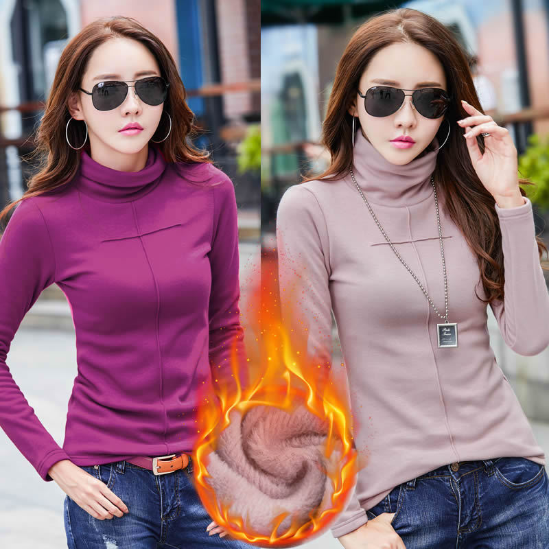 가을과 겨울 높은 칼라 기모 바닥 셔츠 여자의 긴 소매 패딩 슬림 티셔츠 새로운 가을 따뜻한 셔츠 도매