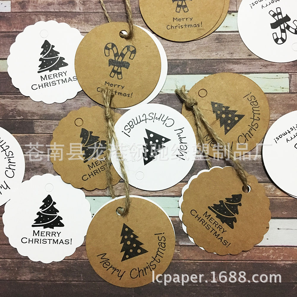 圆款圣诞节牛皮纸吊牌 圣诞树拐杖印花Merry Christmas吊牌