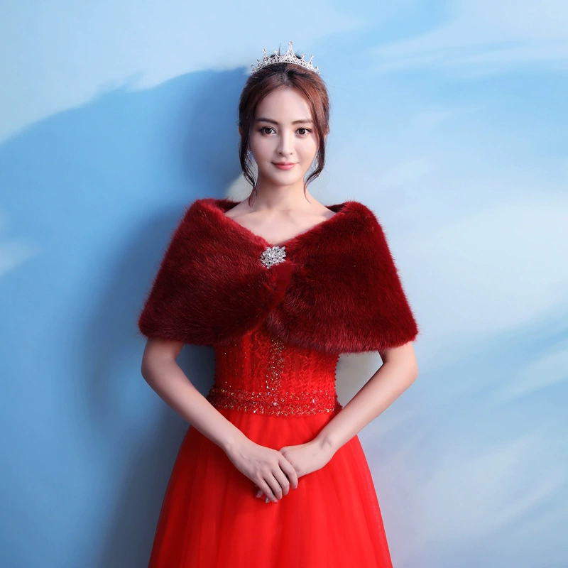 Невесты меховой шаль Новое вино красное свадебное платье зима теплый плащ снаружи толстые внешней торговли оптом