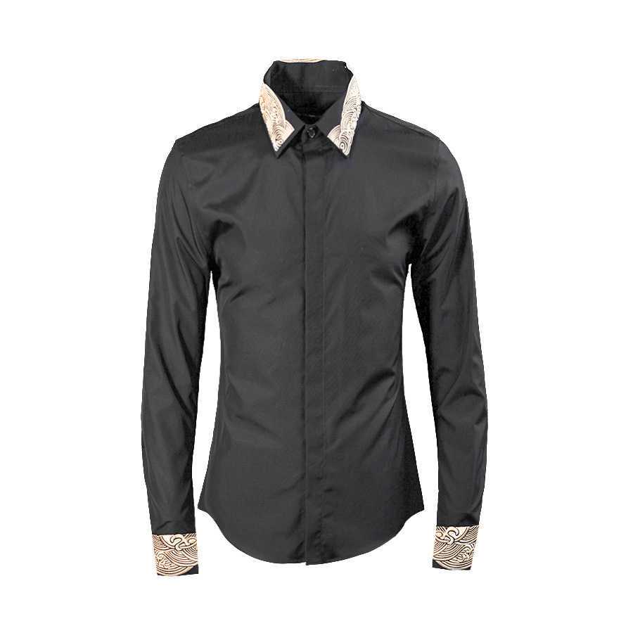 新款中国风云纹金线国潮绣花长袖男式衬衫高档衬衣男装一件代发