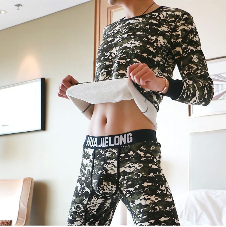 Free shipping enhanced thermal printing autumn clothes long johns head suit huajielong combed cotton thickened fleece-lined underwear two pieces