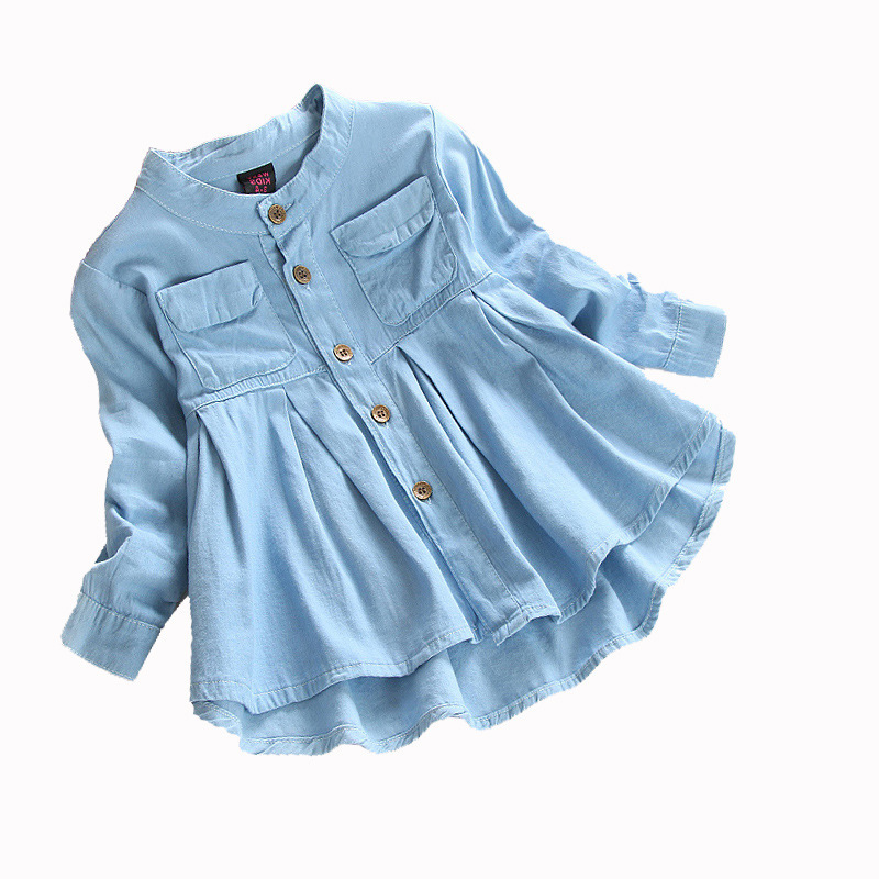 Autumn Girls' Long-Sleeved Shirts for Small and Medium-Sized Kidsren Baby Skirts Kidsren's Stand-Up Collar Cotton Denim Shirts Spring and Autum Tops