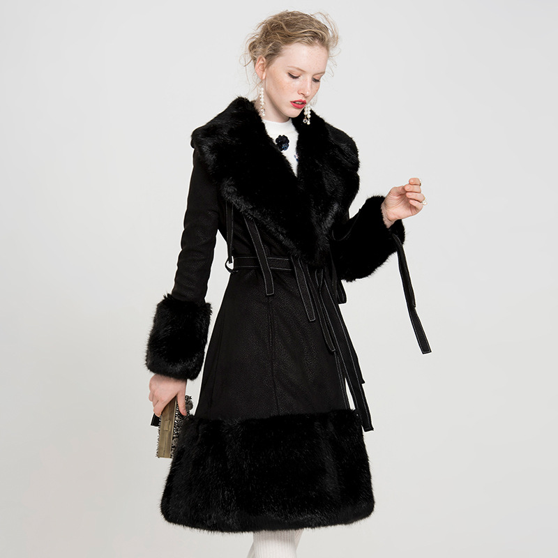 Autumn black keep warm belt, fitted coat, jacket