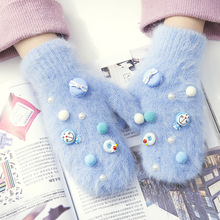 日韩秋冬新款马卡龙卡通多啦A梦叮当猫手工连指手套女长兔毛手套