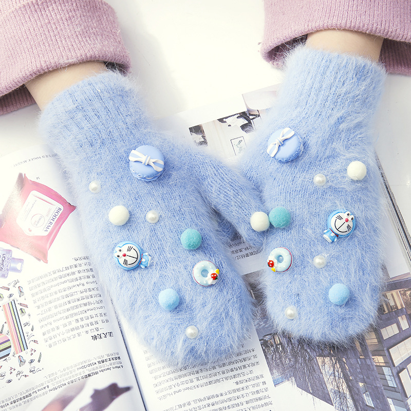 日韩秋冬新款马卡龙卡通多啦A梦叮当猫手工连指手套女长兔毛手套