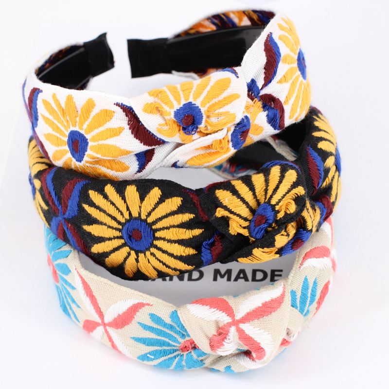 Corea del Sur tocado vintage bohemio Totem bordado estilo étnico anudado diadema europea y americana banda de Pelo elástico B503