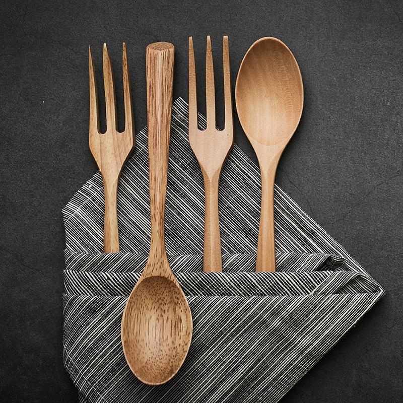 Hot New Japanese Style Natural Solid Color Creative Triangle Handle Wooden Spoon and Fork Set Foreign Trade Original Tableware Hot New Japanese Style Natural Solid Color Creative Triangle Handle Wooden Spoon and Fork Set Foreign Trade Original Tableware