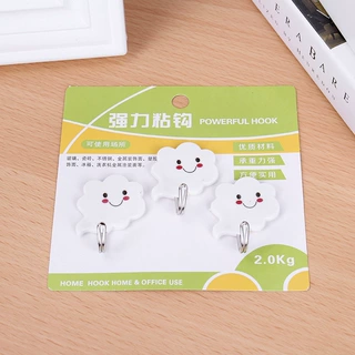 简约塑料微笑云朵组合白色塑料挂钩 房间门后收纳粘钩3个装