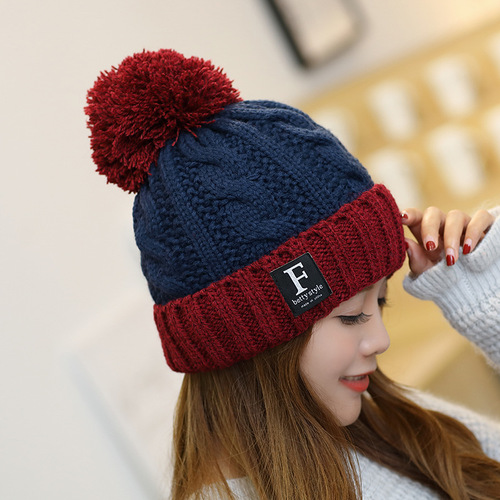 Korean style autumn and winter woolen hat outdoor plus velvet thickened warm hat letter ladies ear protection fur ball knitted pullover hat