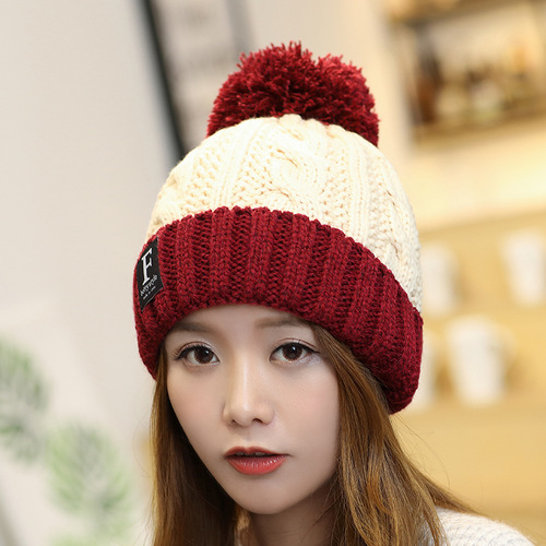 Korean style autumn and winter woolen hat outdoor plus velvet thickened warm hat letter ladies ear protection fur ball knitted pullover hat