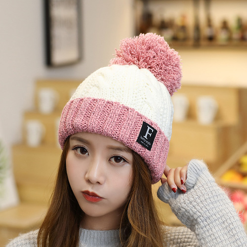 Korean style autumn and winter woolen hat outdoor plus velvet thickened warm hat letter ladies ear protection fur ball knitted pullover hat