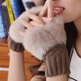 2023新款纯色手套冬季兔毛毛线保暖手套半指女士时尚百搭手套批发