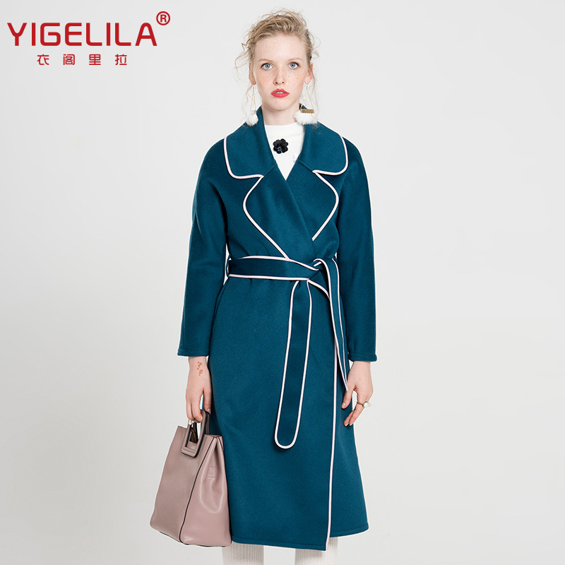 Yigelila Autumn and Winter New Style Lapel Lace-Up Knee-Length Mid-Length Wool Double-Sided Woolen Outwear for Women 9764