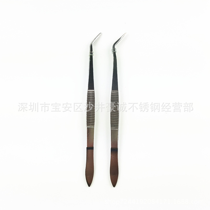 Factory Direct stainless steel tweezers dental tweezers single bend double elbow with positioning teeth oral examination toothless tweezers