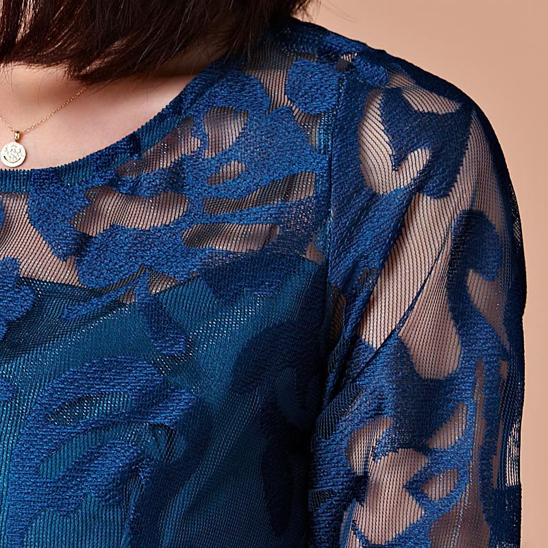 体型に合わせたゆったりサイズのレディースウェア、メッシュ刺繍入りミディ丈ワンピース、九分袖、ベーススカート、パーティードレス9966