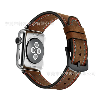 适用苹果apple watch12345678SE代手工手表表带真皮疯马牛皮双线
