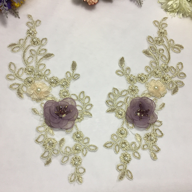 新款婚纱礼服镶钻钉珠辅料金色车骨汉服对花水溶蕾丝刺绣宽12*30