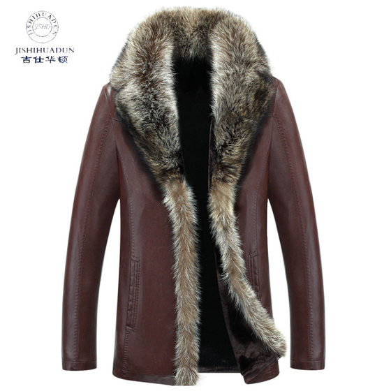 Winter New Raccoon Big Fur Collar Fur One Men's Haining Mid-length Fur Thickened Coat Genuine Leather Coat