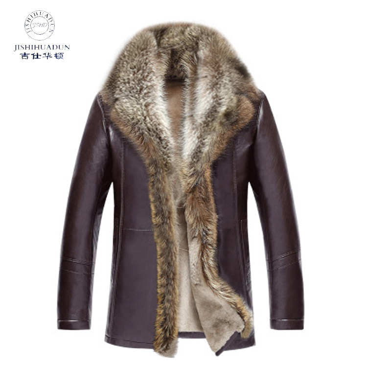 Men's Leather and Fur Integrated Coat, Winter Leather Jacket, European and American Style, Mid-Length, Fleece-Lined, Thickened Gentleman's Coat with Pure Leather and Fur Lining