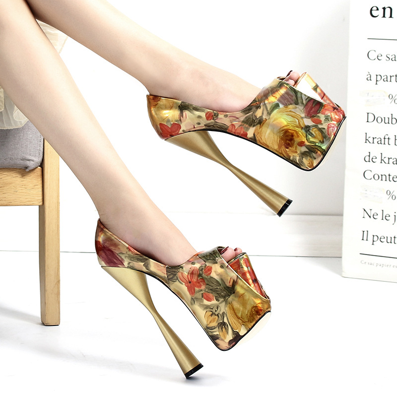 Giày cao gót nữ mũi nhọn gót siêu cao 19 cm, họa tiết miệng cá, đế chống thấm nước — Màu vàng