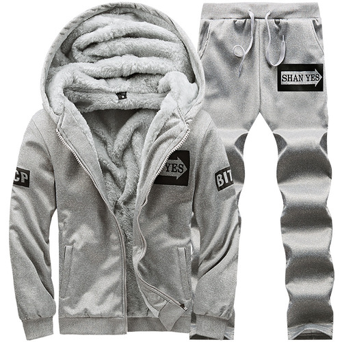 Winter velvet thick long-sleeved suit blue men's casual sports hooded coat straight pants two-piece set