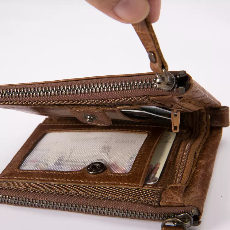 亚马逊男士钱包时尚短款复古疯马皮钱夹真皮双拉链钱包厂家定 制