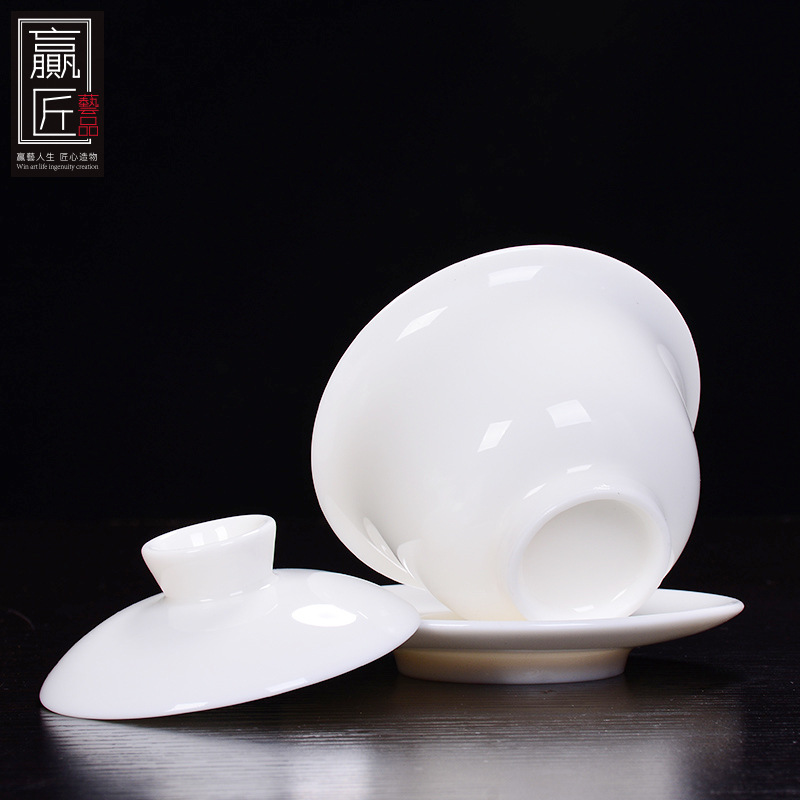 Ganar artesanía moral porcelana blanca Kung Fu juego de té Jade porcelana tres Cai cubierta tazón de té de la boda soporte letras