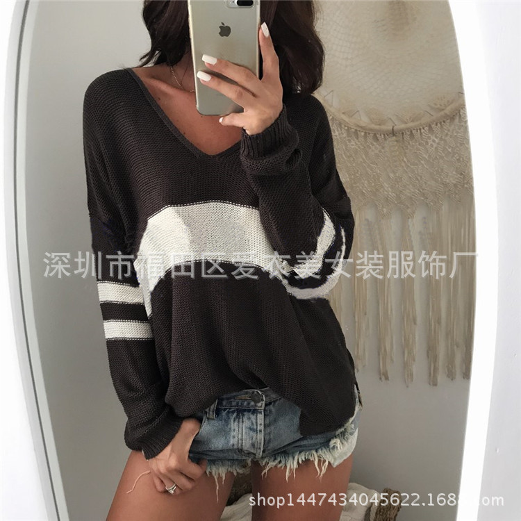 2025 Spring & Fall New Short-Sleeved Amazon Aliexpress Export New Long-Sleeved Knitwear Spliced V Neck Knitwear 2025 Spring & Fall New Short-Sleeved Amazon Aliexpress Export New Long-Sleeved Knitwear Spliced V Neck Knitwear