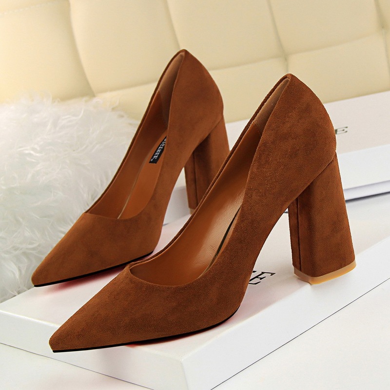828-2 European and American Style Simple Chunky Heel High-Heeled Suede Shallow Pointed Toe Professional Ol Slimming Women's Shoes High Heels Single Shoes