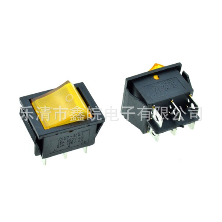 供应带灯跷板开关 六脚两档 黄色氖灯 10A 125VAC 卡扣式