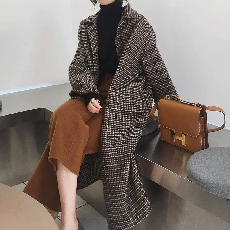 2021 Новое зимнее винтажное клетчатое Двустороннее пальто ручной работы длинное пальто женское