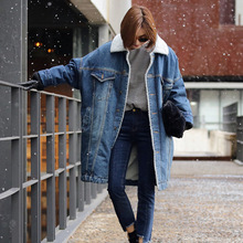 跨境2024冬季外贸新款加绒加厚中长款羊羔毛棉衣大衣牛仔外套女