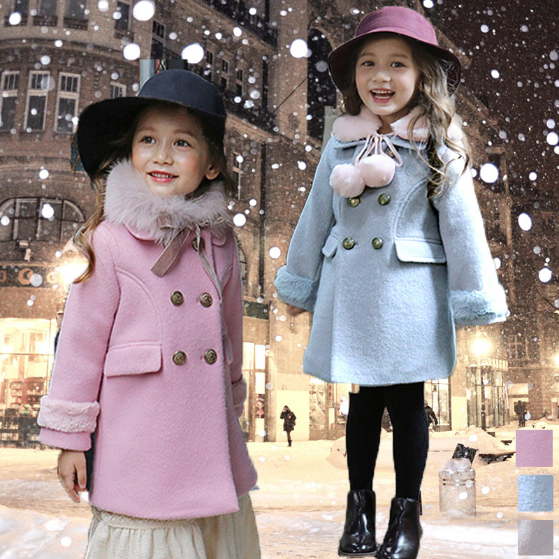 女童外套童装冬季加厚夹棉双排扣毛领毛球中小童呢子大衣中长款