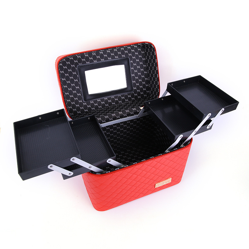 Transfronteriza nueva caja de cosméticos de tela escocesa de cuatro abiertos caja de joyería Portátil Bolsa de cosméticos caja de almacenamiento de cosméticos multifuncional grande