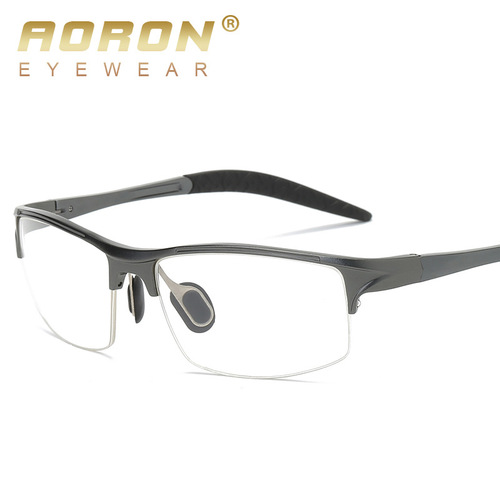 New men's sports-style plain glasses frames—aluminum-magnesium half-rim optical eyeglass frames with options for prescription lenses, model 8177