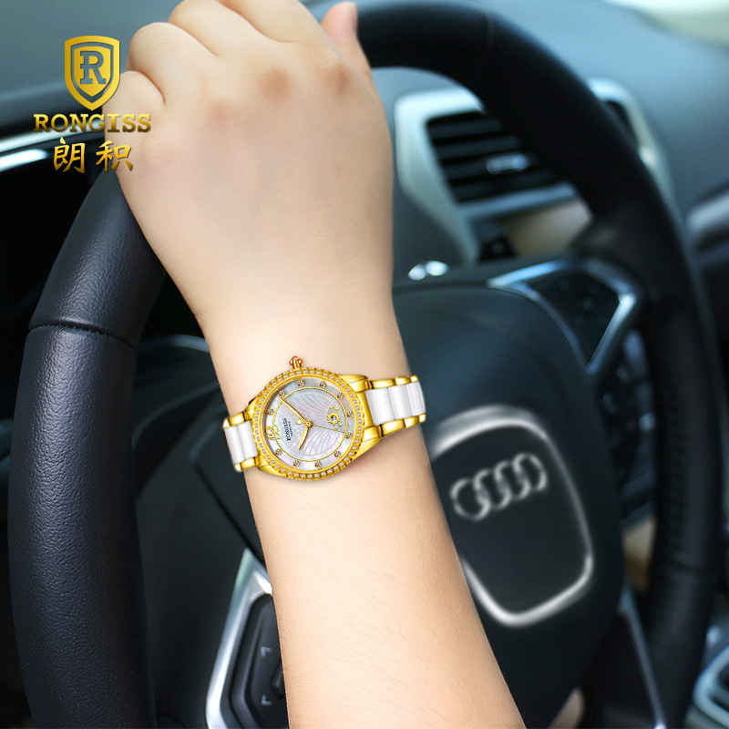 抖音快手女士镶钻陶瓷RONGISS手表女款金表正品高档复古厂家批发