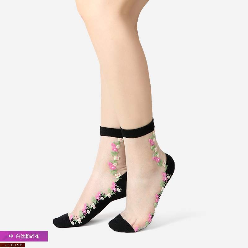 Corea del Sur moda tejida medias de cristal de flores simples medias de cristal de fondo de algodón de flores ultra-Delgado invisible media pantorrilla calcetines de mujer moda al por mayor