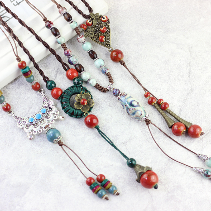 Japanese and Korean Autumn and Winter Jewelry Decorative Necklace Women's Clothes Pendant Ceramic Woolen Chain Accessories All-match Long Pendant Accessories