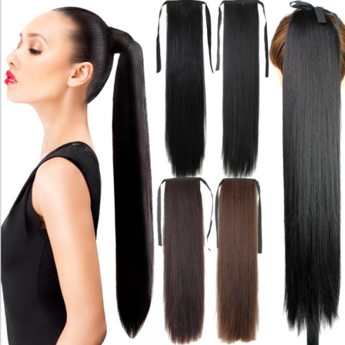 Wig long straight hair ponytail ladies strapped fake ponytail medium length short straight hair ponytail high temperature silk wig piece